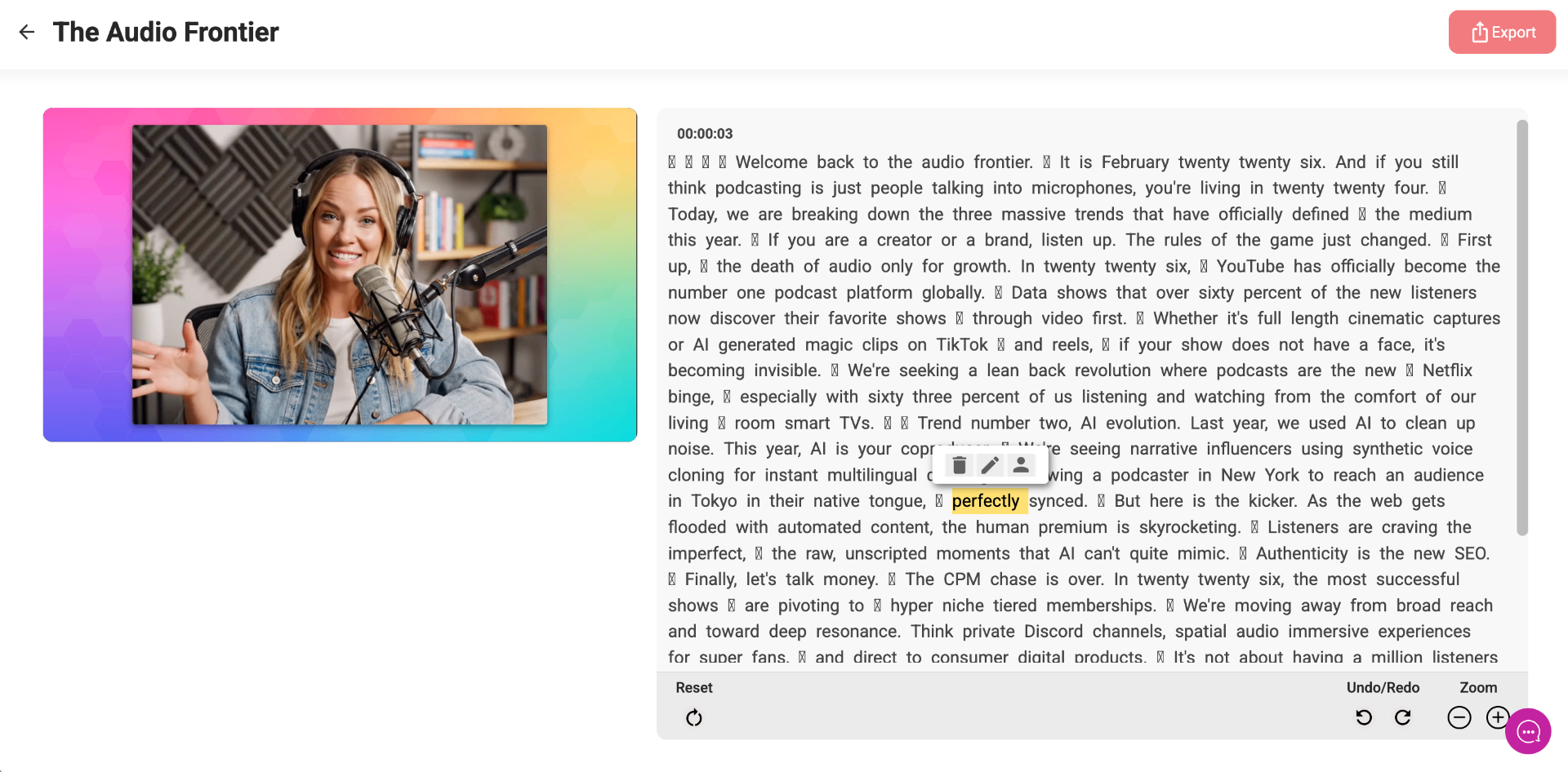 Boomcaster AI Editor — transcript-based audio and video editing
