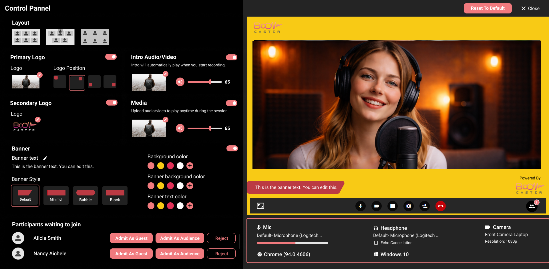 Boomcaster LiveEdit production tools dashboard