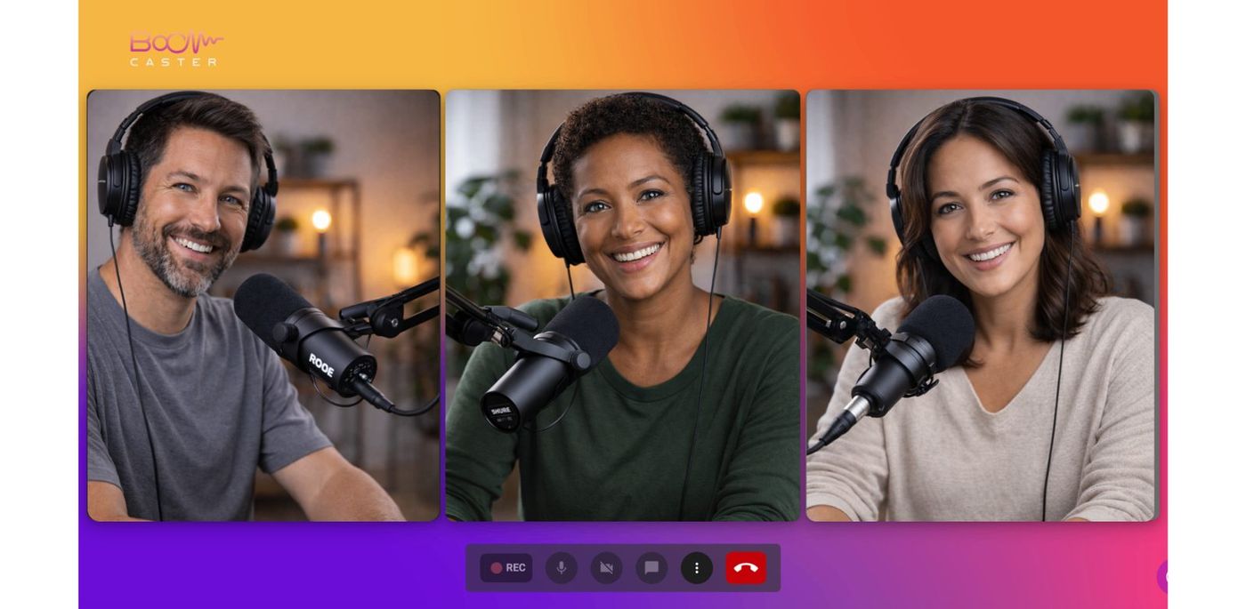 Boomcaster recording studio with three remote guests on a video call